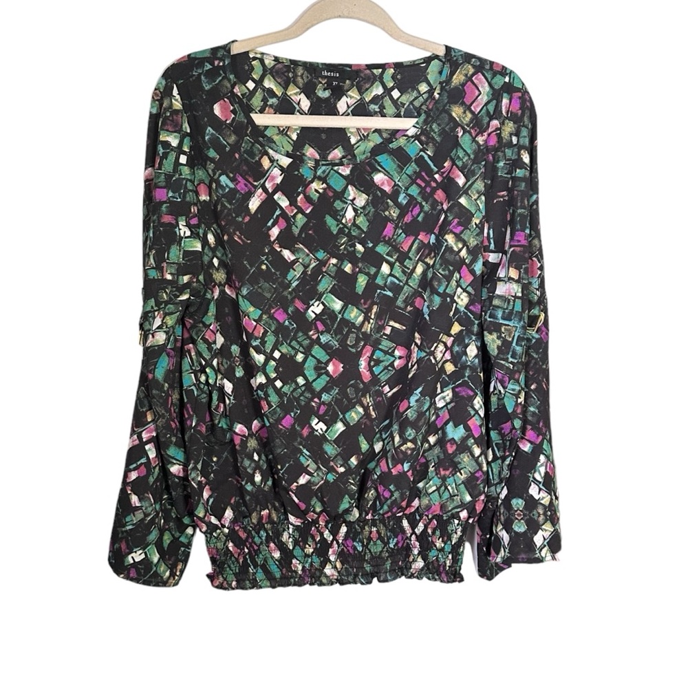Thesis Womens Sz XL Printed Blouse Roll Sleeve Gold Hardware Cinched Waist
